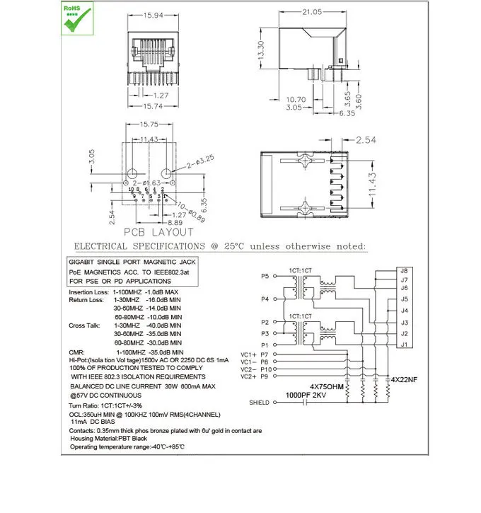 Integrated Magnetics RJ45 Cable Connector PoE++ 10/100Base-T / TX For Router