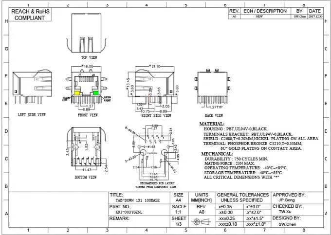 KRJ-003YGZNL shielded cat5 rj45 ethernet connector with transformer Y/G LED