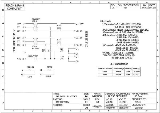 KRJ-003YGZNL shielded cat5 rj45 ethernet connector with transformer Y/G LED